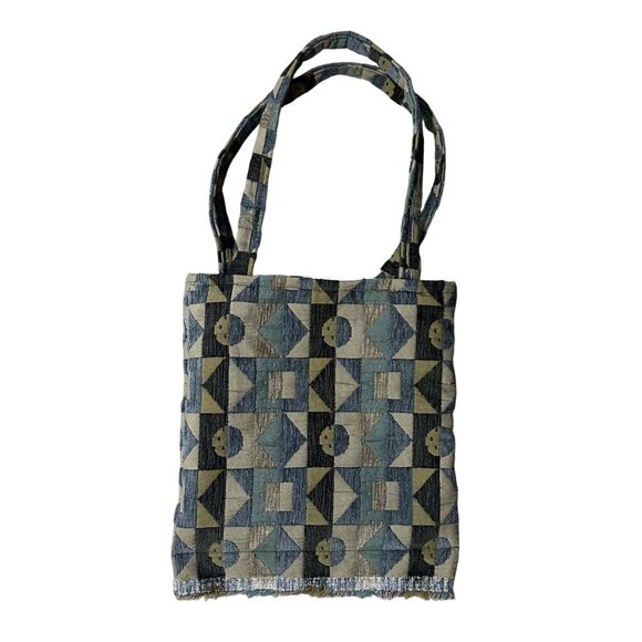 Handmade Tote Bag Tapestry Carpet Fringe Blue Green Gray Beige Books Purse - Picture 2 of 8